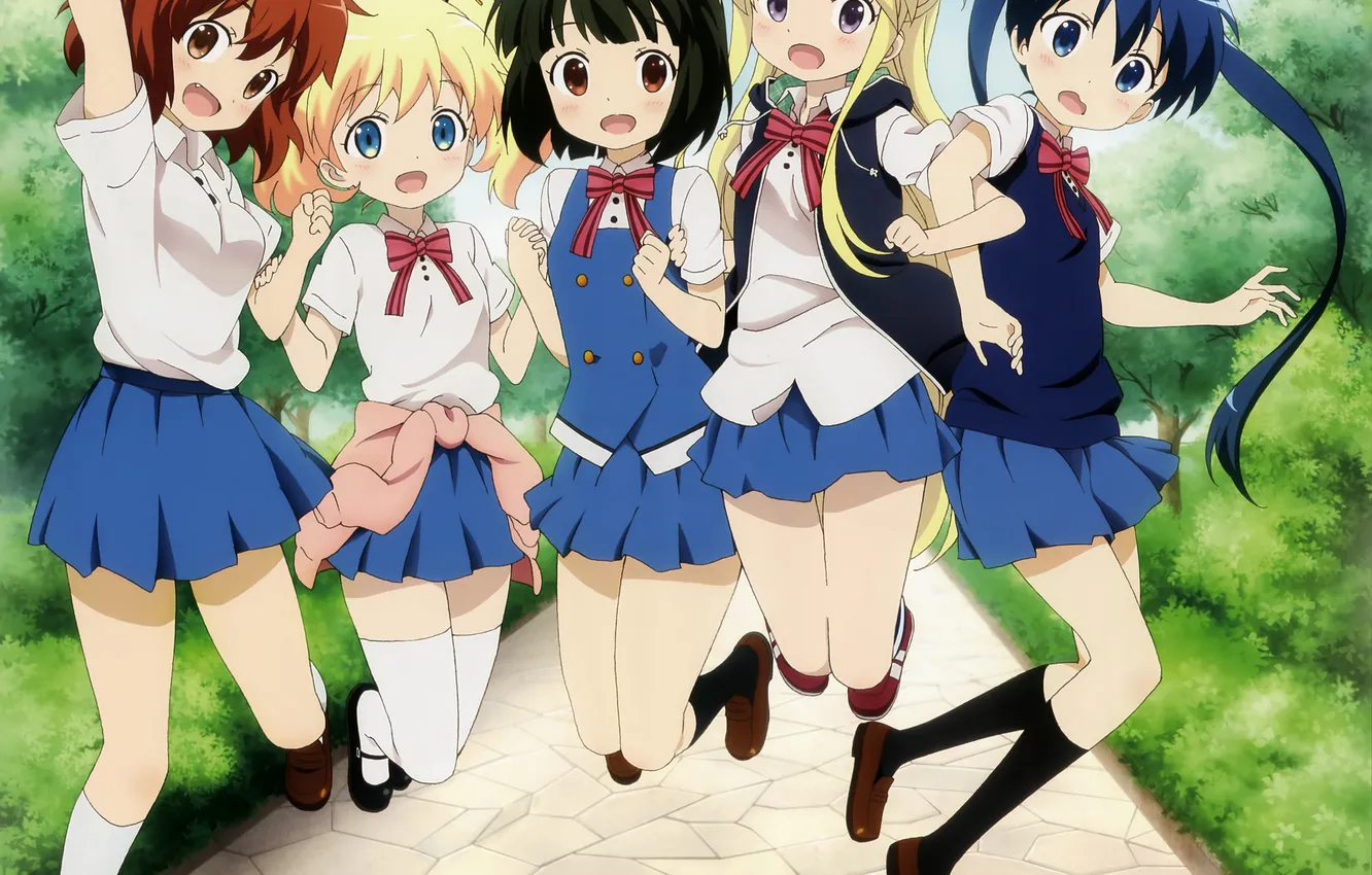 Фото обои радость, девушки, аниме, арт, форма, школьницы, oomiya shinobu, inokuma youko