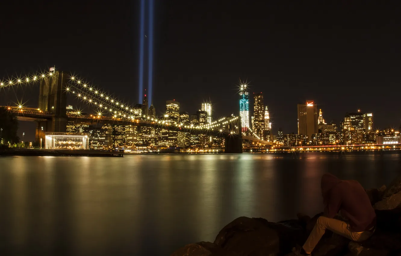 Фото обои ночь, мост, город, USA - NYC