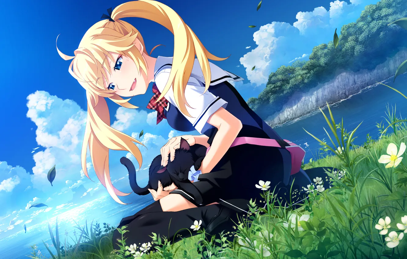 Фото обои кошка, листья, облака, цветы, река, девочка, играет, grisaia no kajitsu