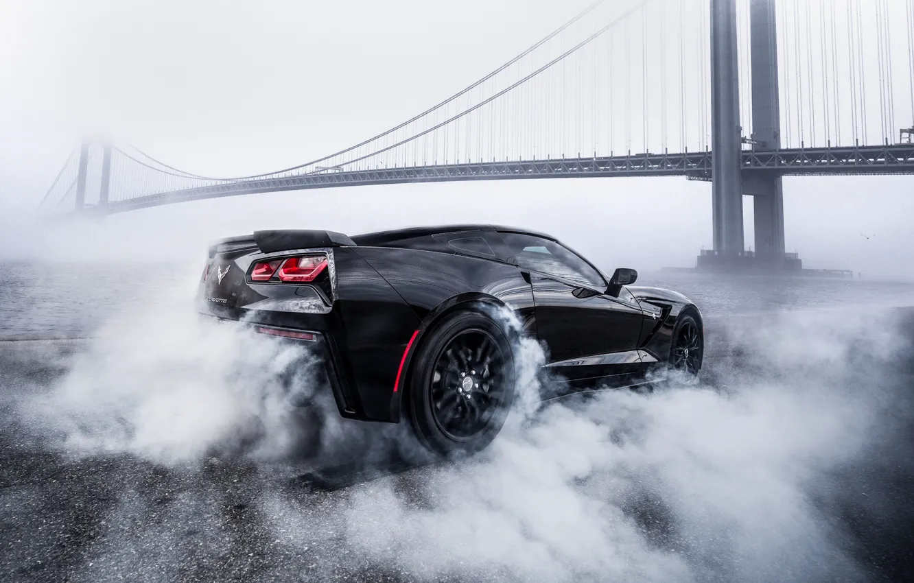 Фото обои мост, дым, Corvette, Chevrolet, black, smoke, Chevrolet Corvette