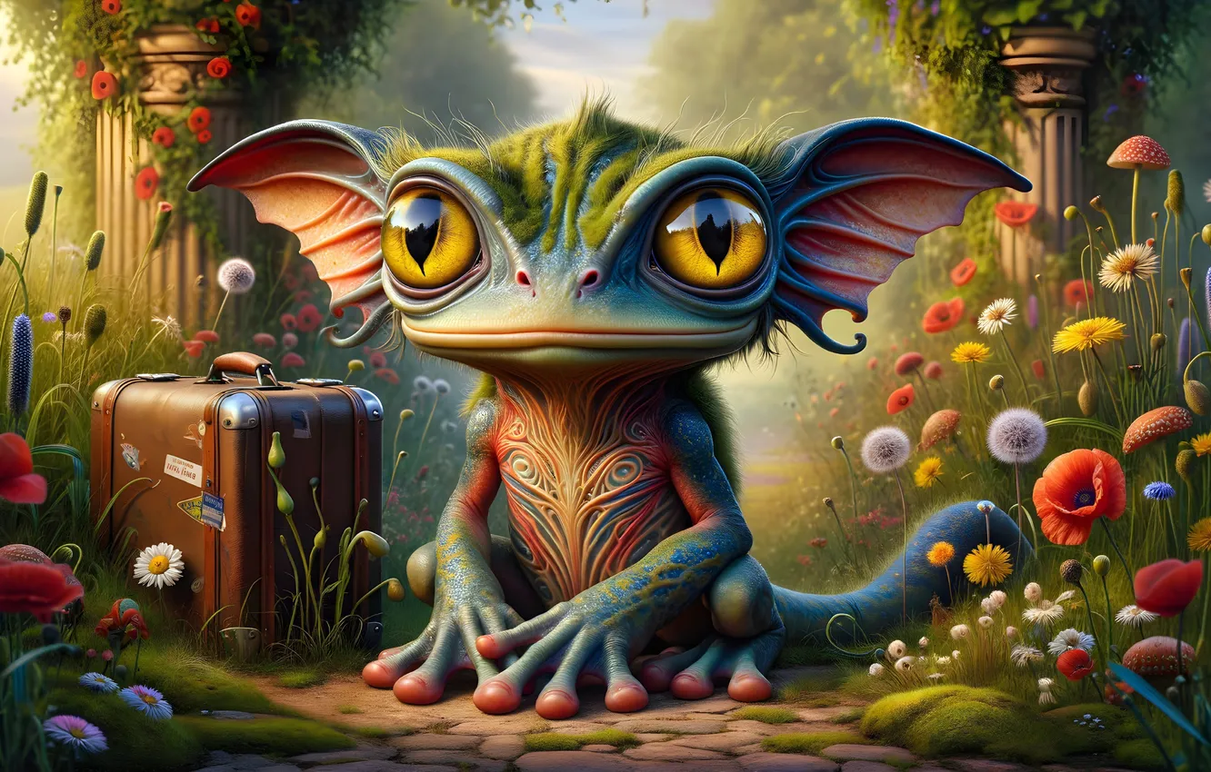 Фото обои цветы, существо, фэнтези, чемодан