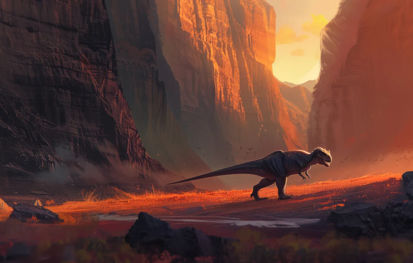 Фото обои Горы, Хищник, Динозавр, Животное, Цифровое искусство, Тираннозавр, Tyrannosaurus Rex, Тираннозавр Рекс