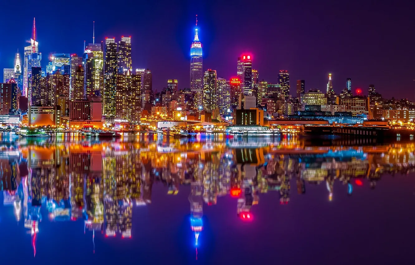Фото обои отражение, река, здания, дома, Нью-Йорк, ночной город, Манхэттен, небоскрёбы