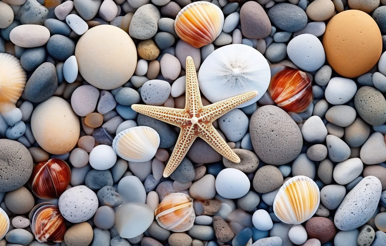 Фото обои пляж, галька, камни, фон, звезда, colorful, ракушки, beach