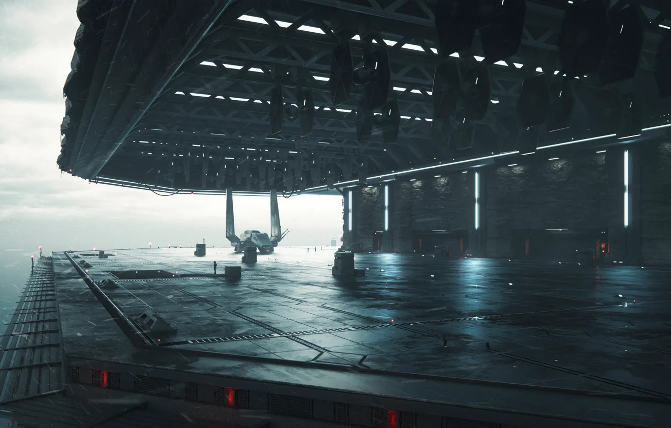 Фото обои дождь, океан, истребители, шатл, concept art, Оби-Ван Кеноби, посадочная платформа, by Alex Nice