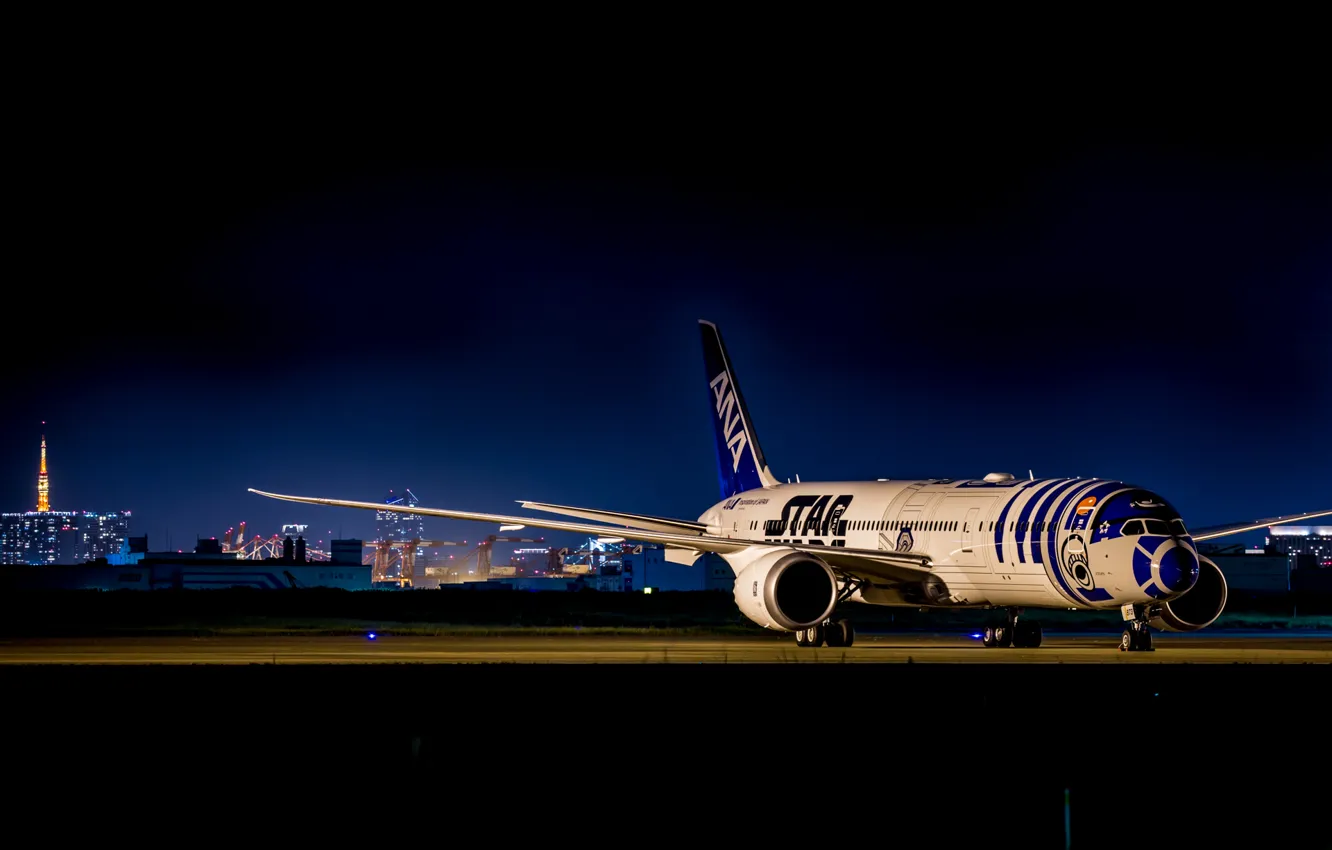 Фото обои ночь, аэропорт, самолёт, Airbus