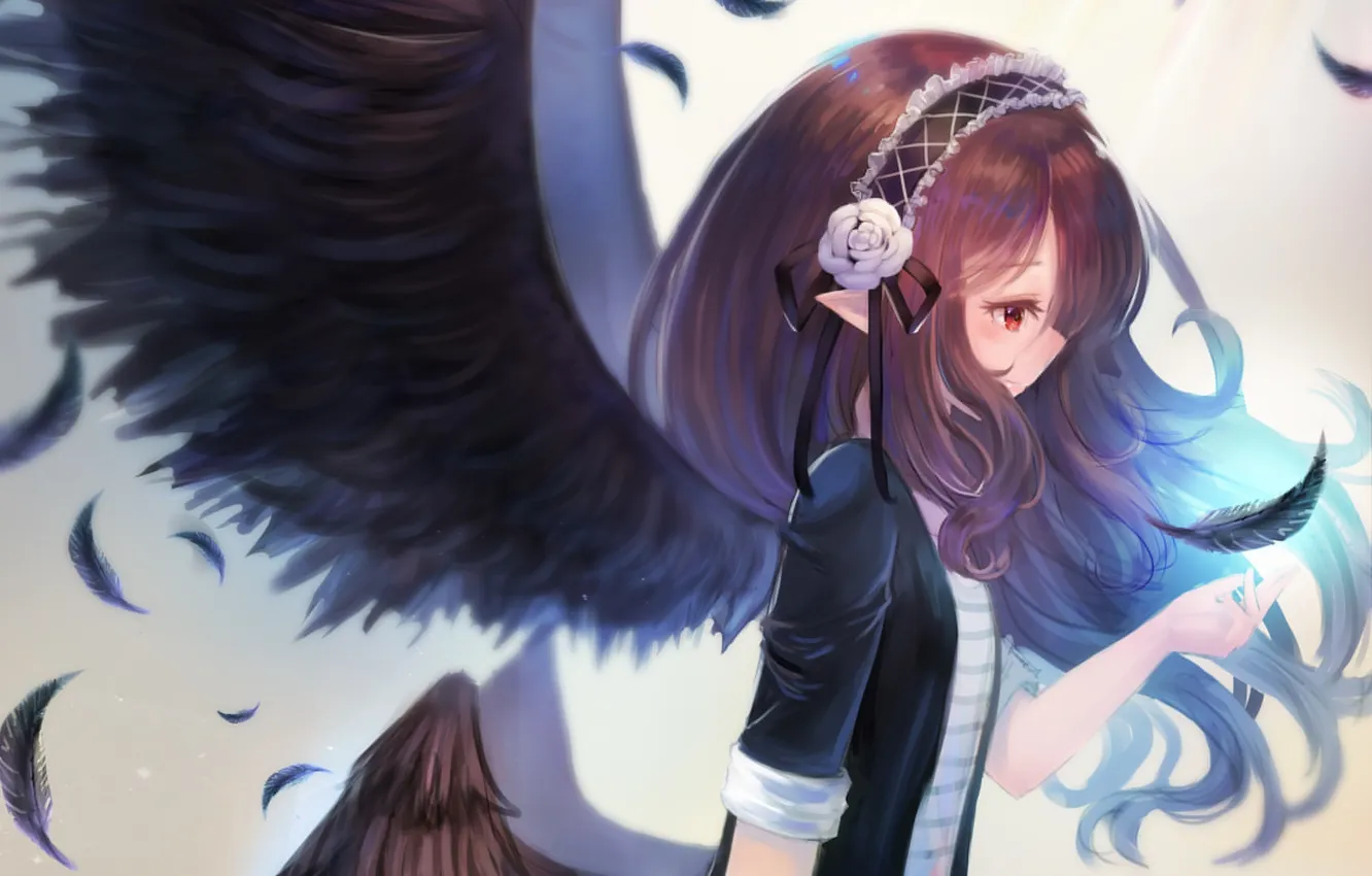 Фото обои девушка, магия, крылья, ангел, аниме, перья, арт, zonekiller10