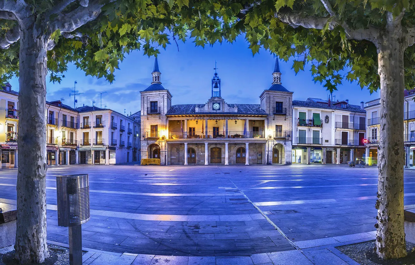 Фото обои деревья, огни, вечер, площадь, Испания, ратуша, El Burgo de Osma