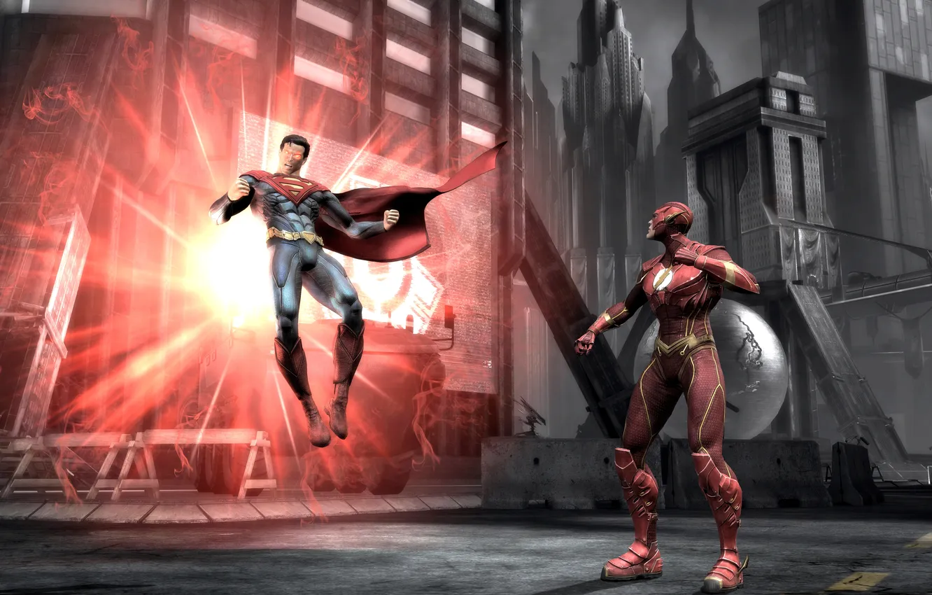 Фото обои superman, файтинг, супермен, flash, injustice gods among us, флэш
