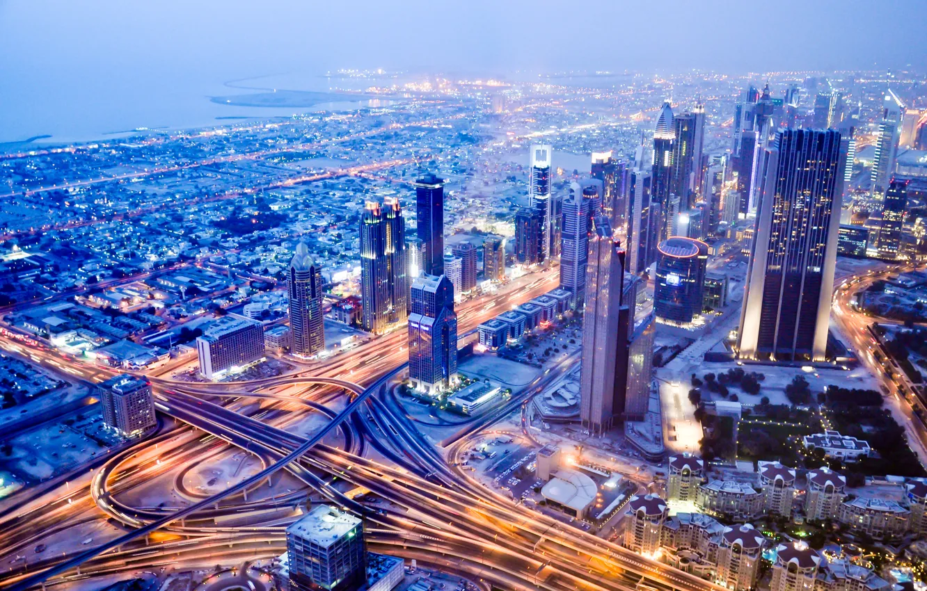 Фото обои здания, дороги, панорама, Дубай, ночной город, Dubai, ОАЭ, UAE