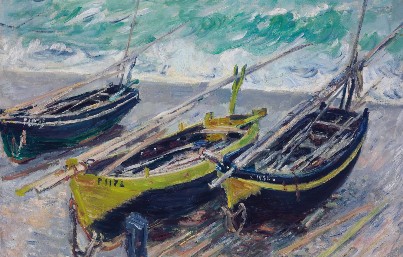 Фото обои море, картина, Клод Моне, Три Рыбацкие Лодки
