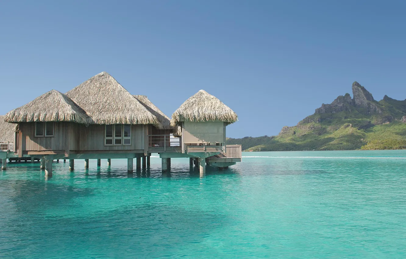 Фото обои Bora Bora, French Polynesia, water villa, St.Regis, bungalow over clear blue lagoon