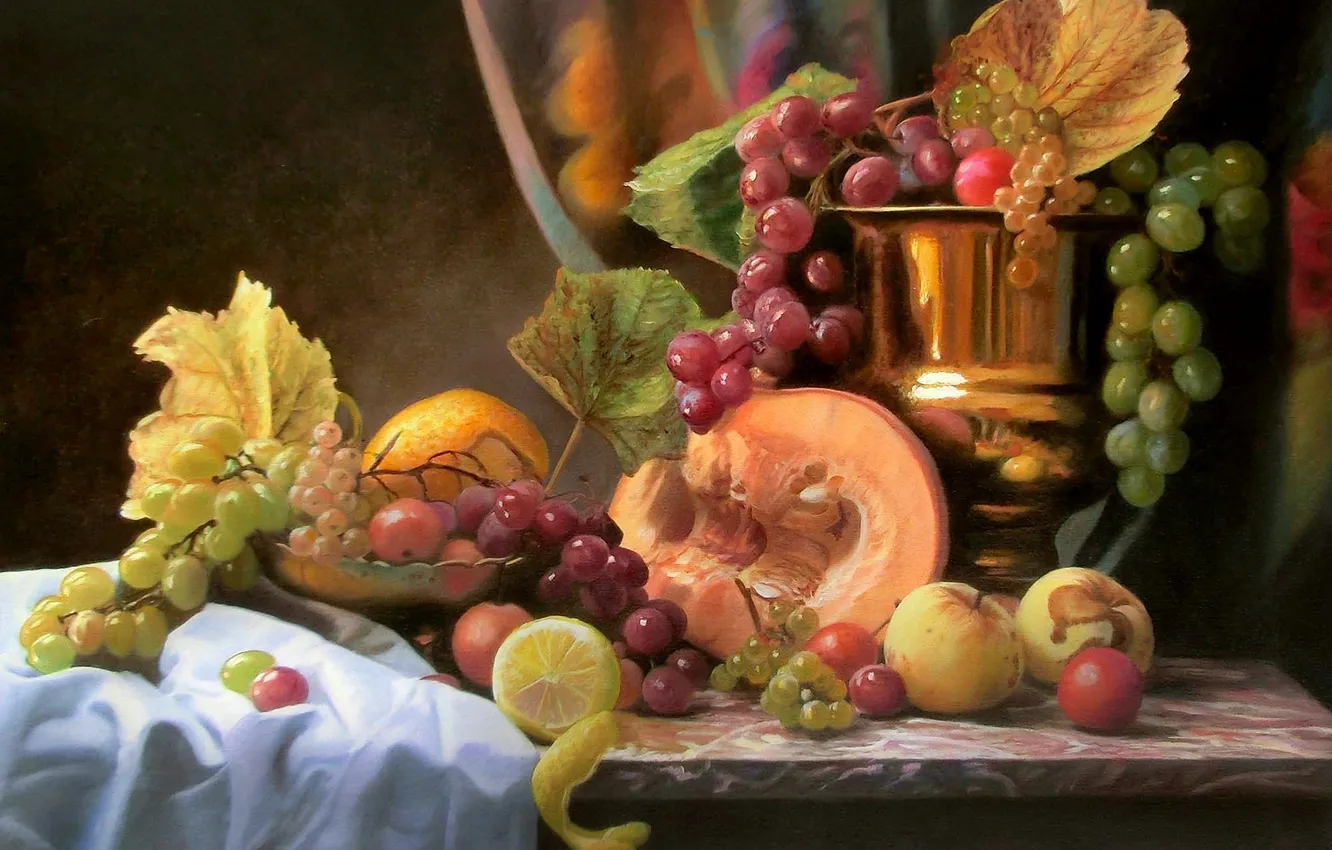 Фото обои листья, ягоды, стол, яблоки, картина, чаша, виноград, ткань