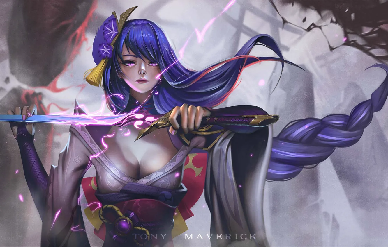 Фото обои девушка, молния, меч, Genshin Impact, Raiden Shogun, by Tony Maverick