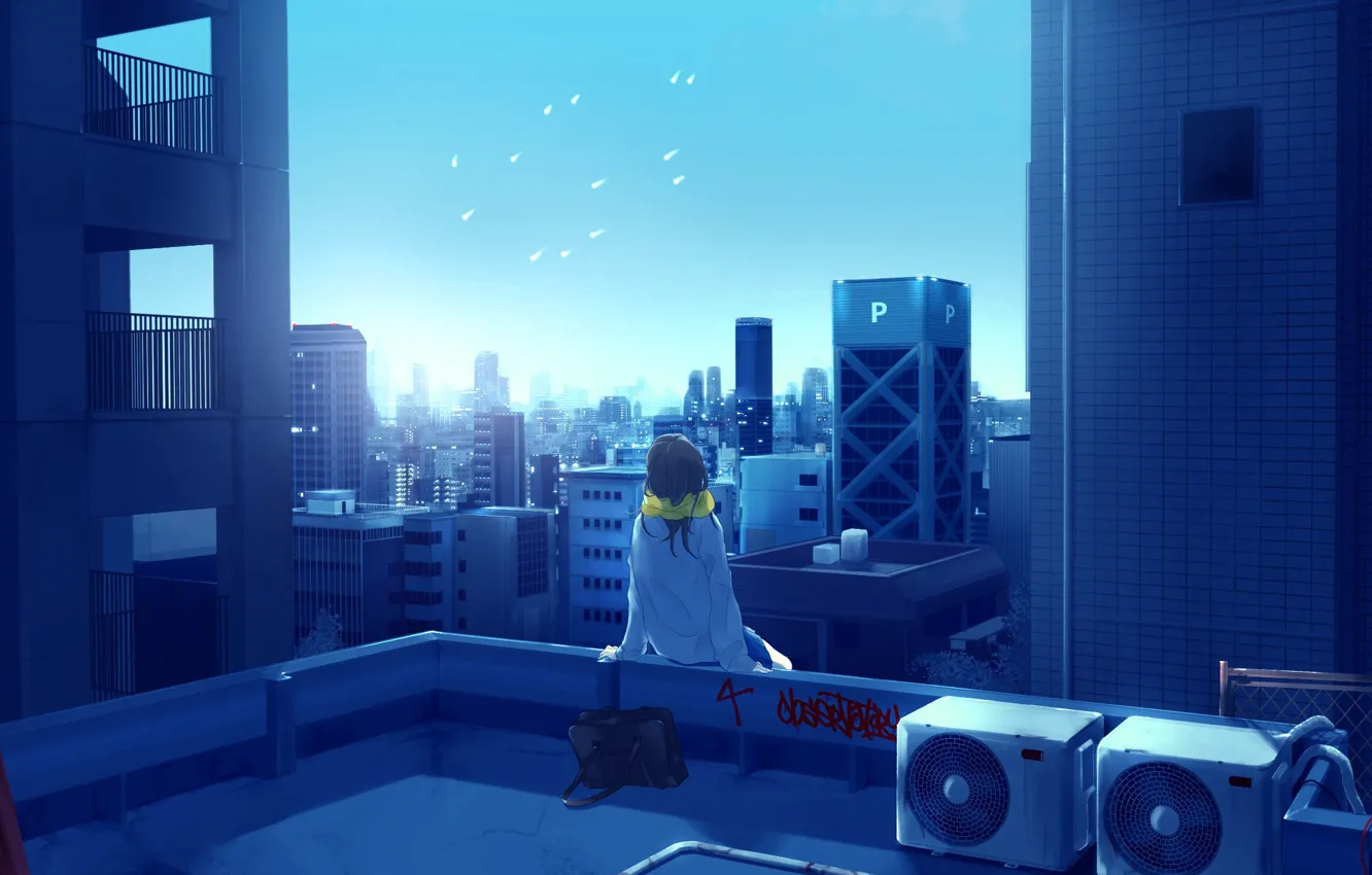 Фото обои школьница, небоскрёбы, мегаполис, ранец, голубое небо, со спины, на крыше здания