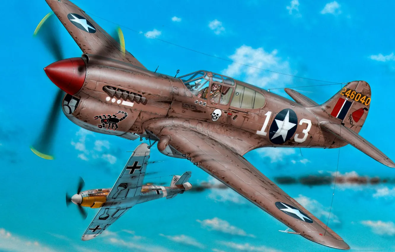 Фото обои Bf-109, P-40, американский истребитель, Curtiss-Wright, Военно-воздушные силы США