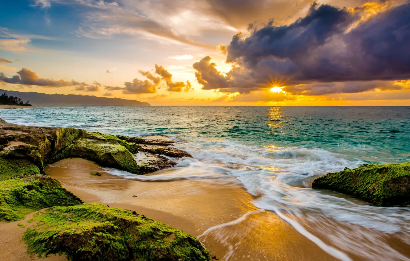 Фото обои waves, beach, sea, sunset, clouds, sand, tide, wild beach