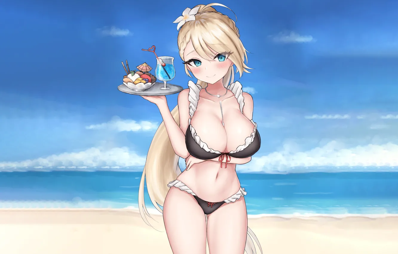 Фото обои sexy, beach, long hair, sea, boobs, anime, blue eyes, beautiful