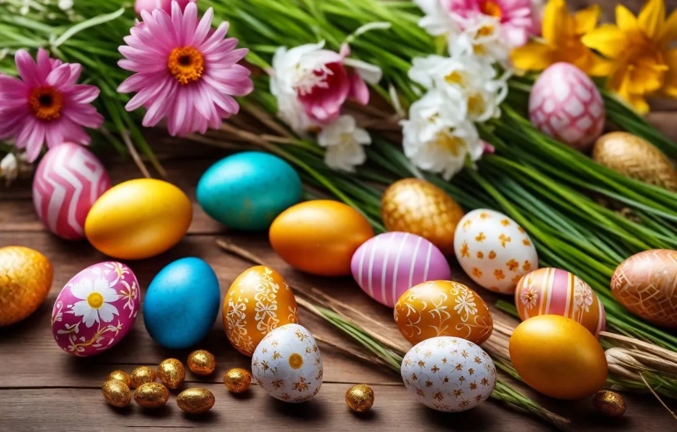 Фото обои цветы, яйца, весна, colorful, Пасха, happy, flowers, spring