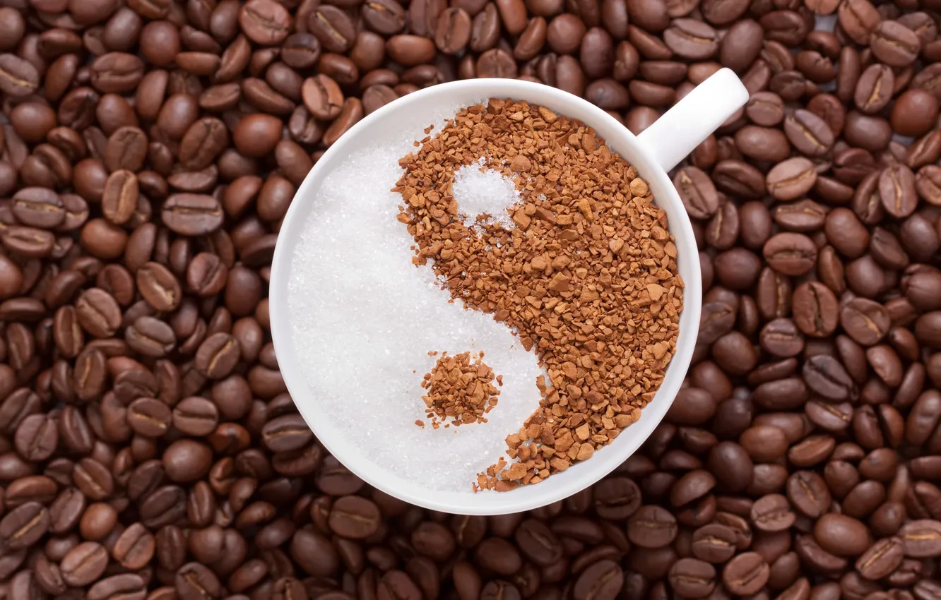Фото обои кофе, зерна, чашка, сахар, инь-ян, гранулы