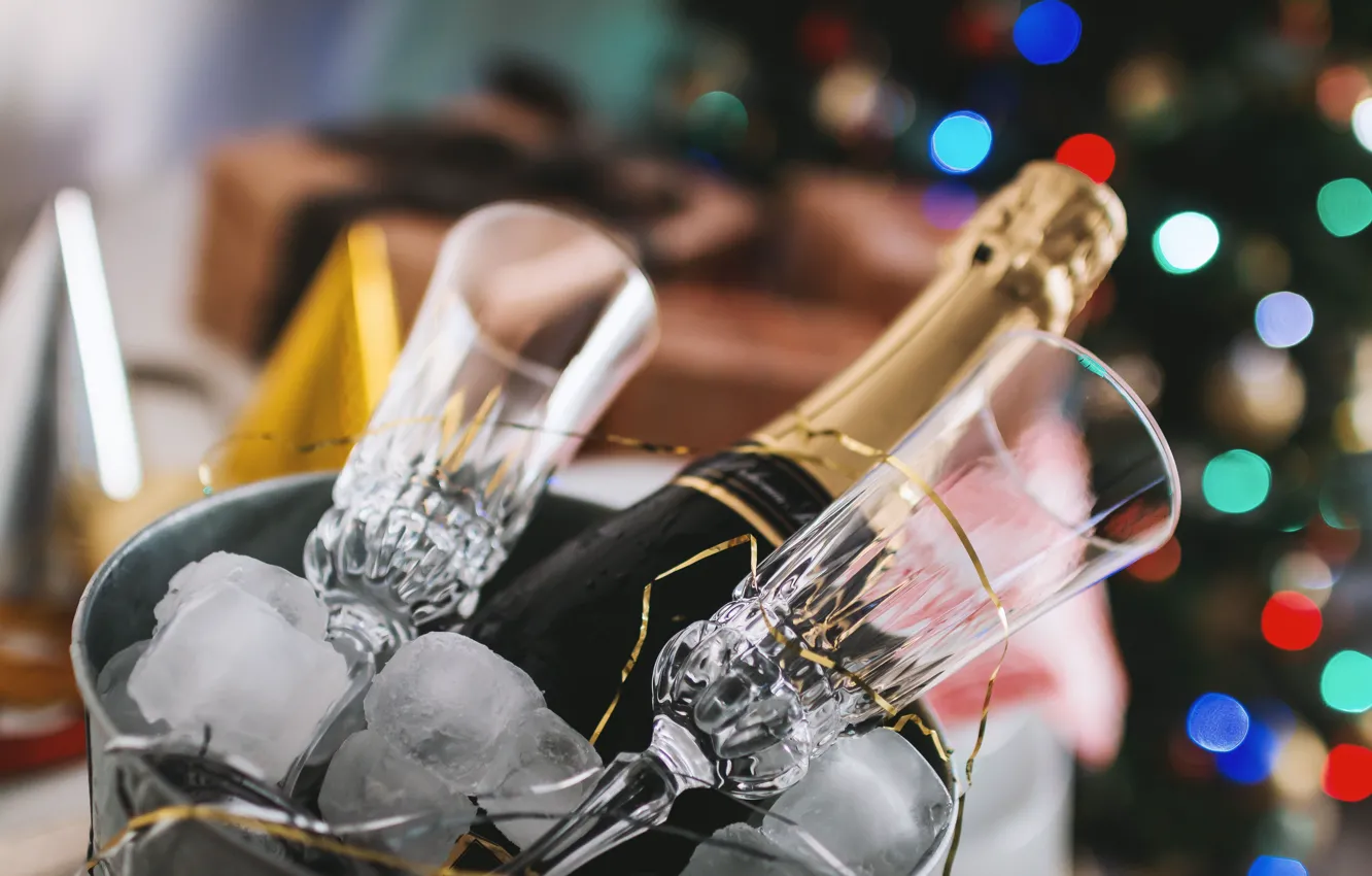 Фото обои Бокалы, Лед, Новый год, Ice, Шампанское, Glasses, Champagne
