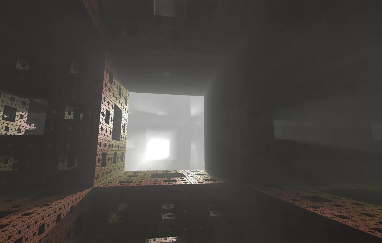 Фото обои лучи, свет, туман, фрактал, губка Менгера