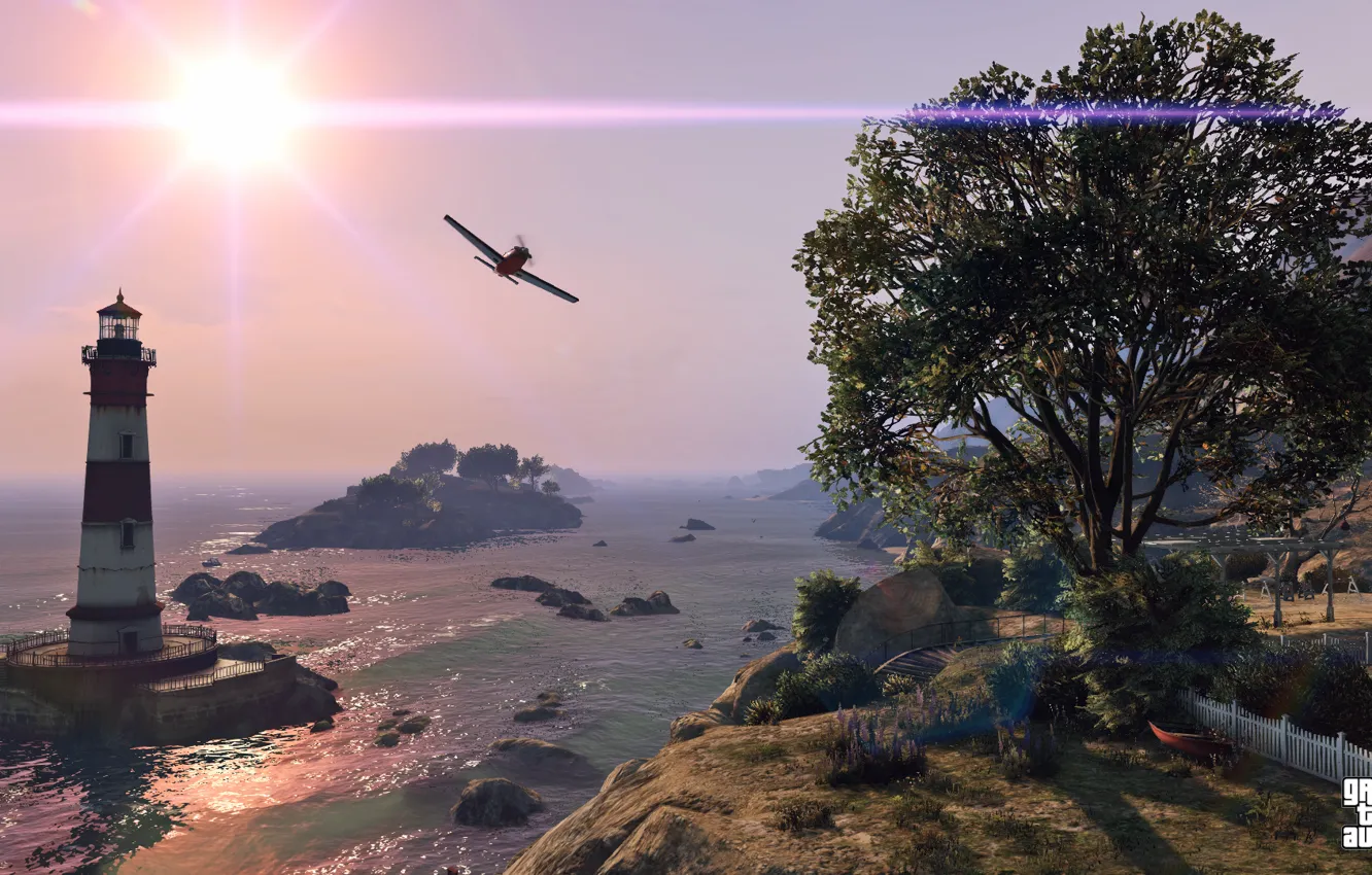 Фото обои море, пейзаж, дерево, Grand Theft Auto V, gta 5, горя