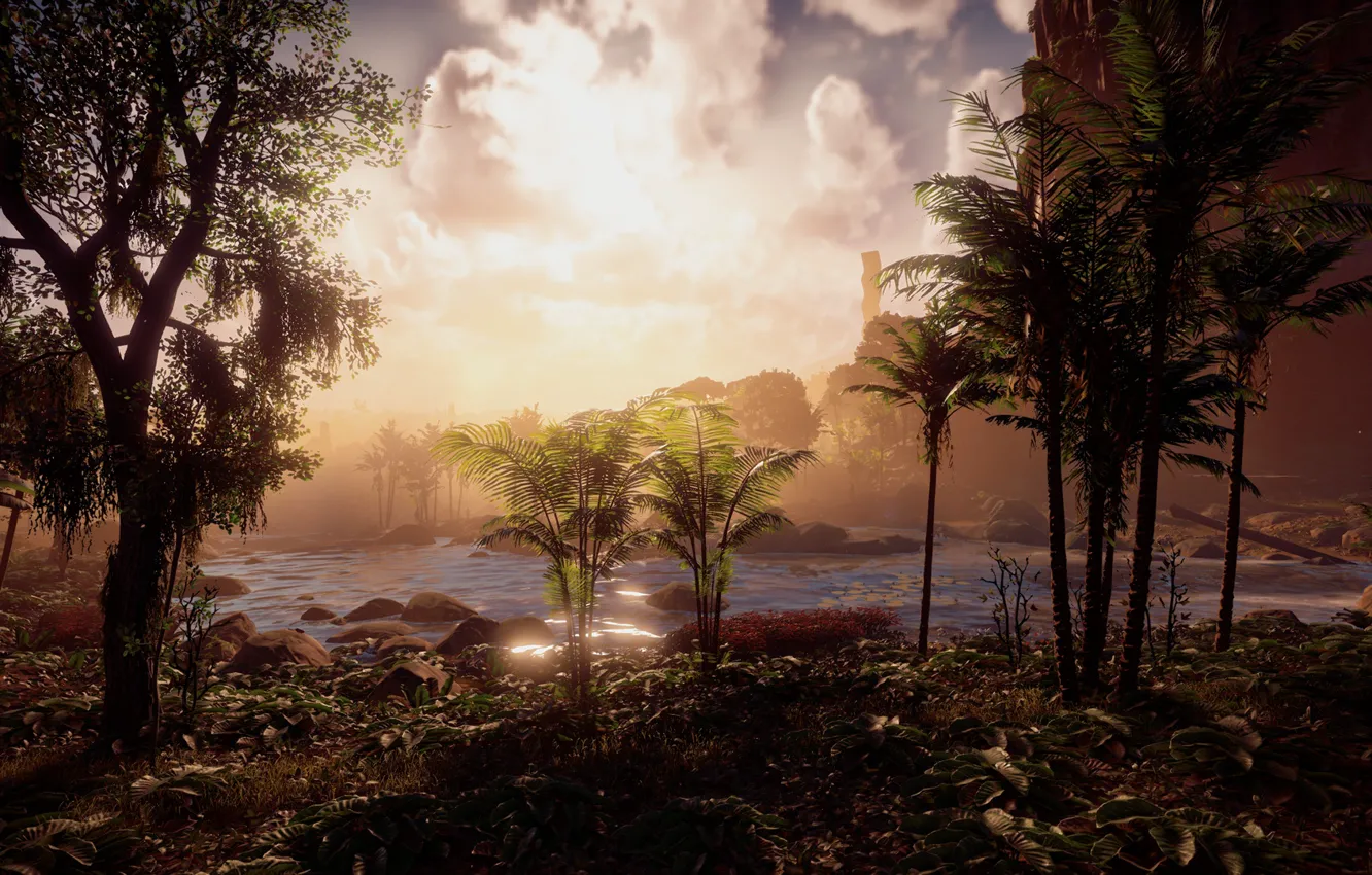 Фото обои пейзаж, река, джунгли, эксклюзив, Playstation 4, Guerrilla Games, Horizon Zero Dawn