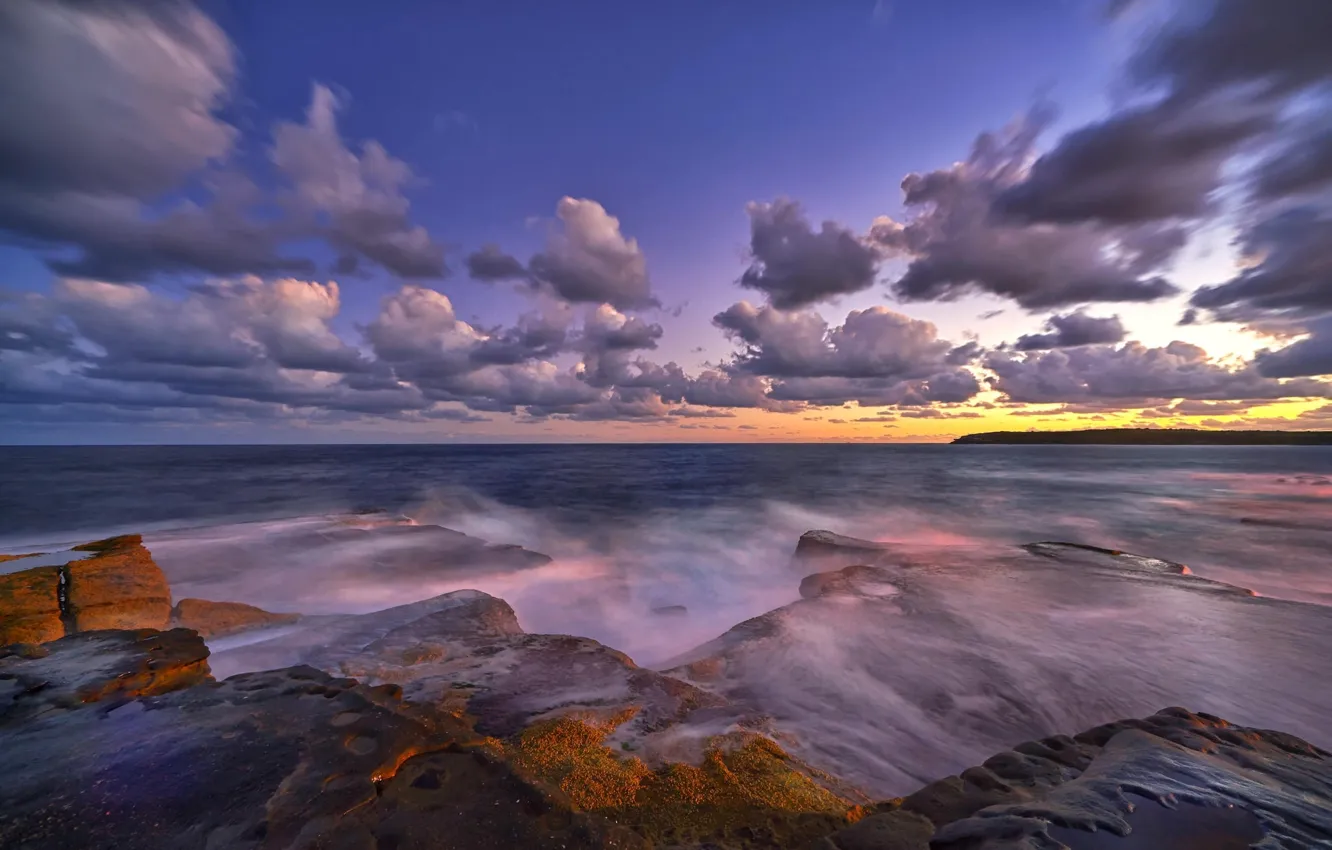 Фото обои море, закат, камни, берег