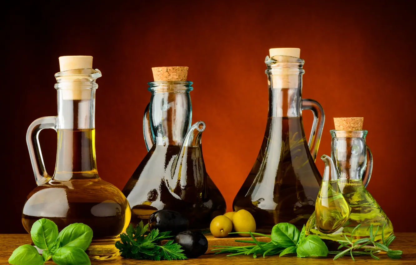 Фото обои зелень, оливки, оливковое масло, herbs, olives, olive oil