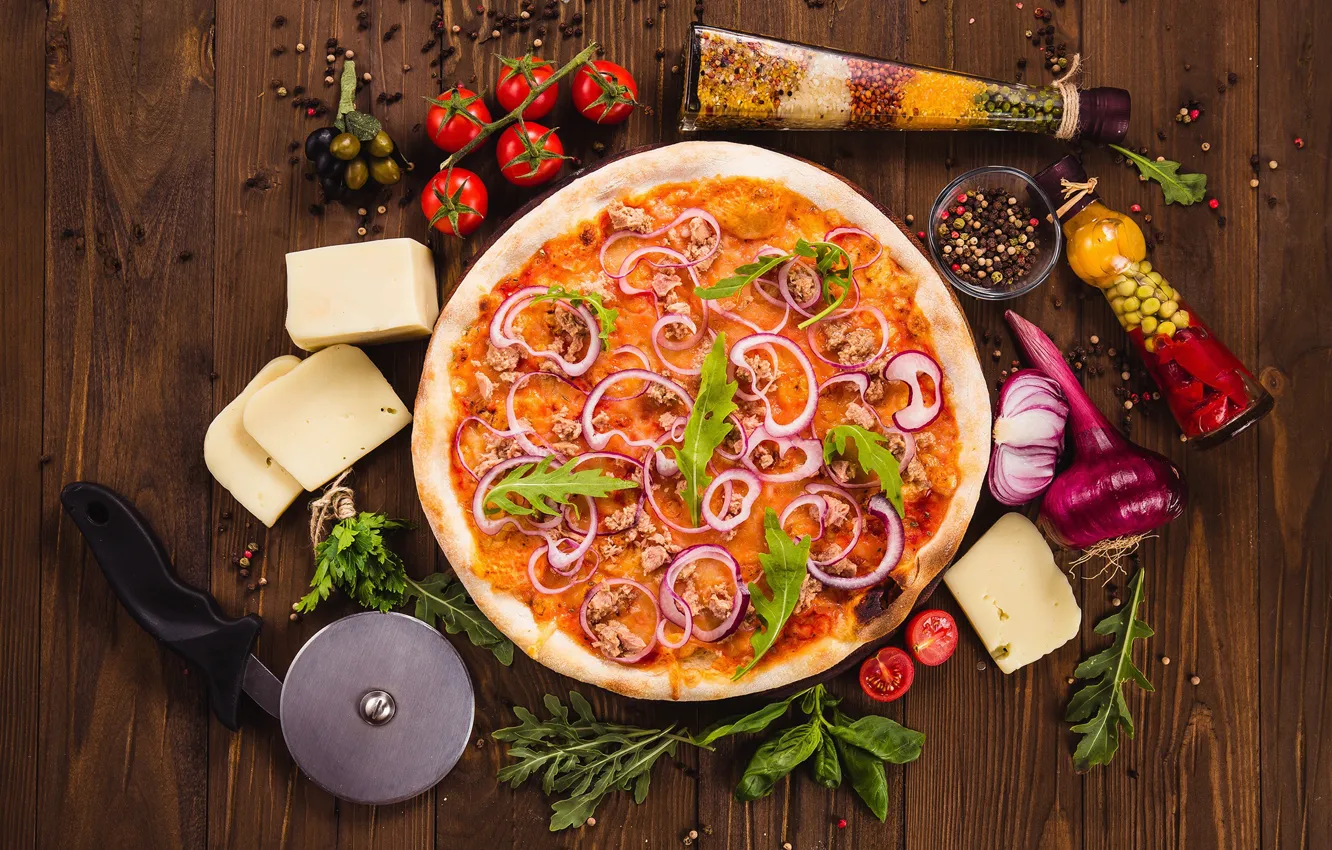 Фото обои зелень, сыр, овощи, пицца, помидоры, специи
