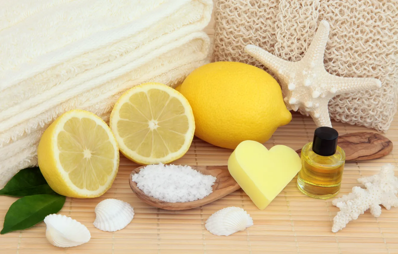 Фото обои лимон, мыло, ракушки, lemon, bath, still life, candle, spa