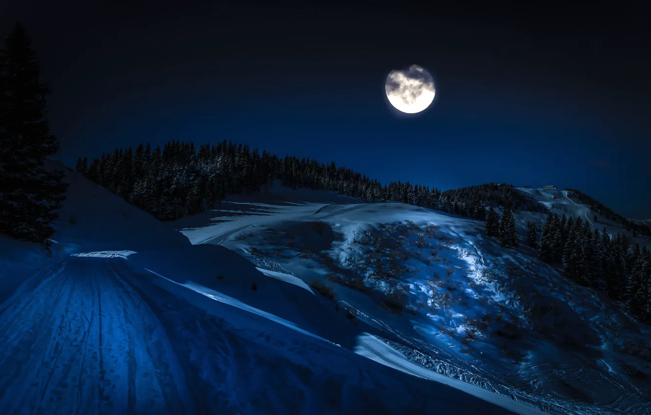 Фото обои зима, снег, пейзаж, горы, ночь, Австрия, Луна, полнолуние