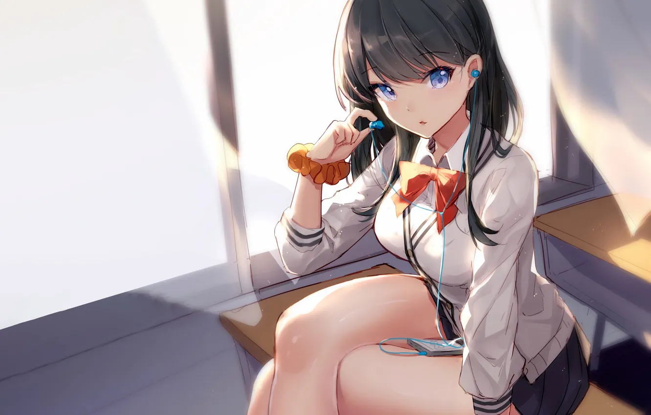 Фото обои girl, sexy, school uniform, long hair, anime, blue eyes, beautiful, pretty