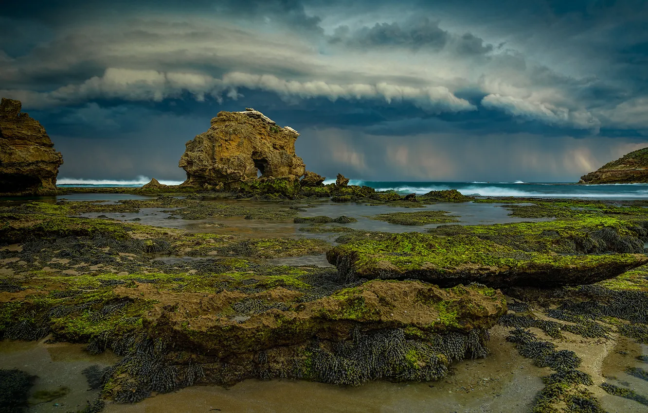 Фото обои море, гроза, волны, облака, камень, бассейн, слизь