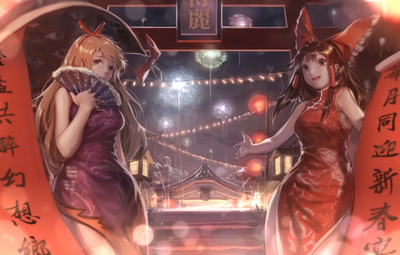 Фото обои девушки, праздник, салют, Touhou, фестиваль, Тохо, Тоухоу