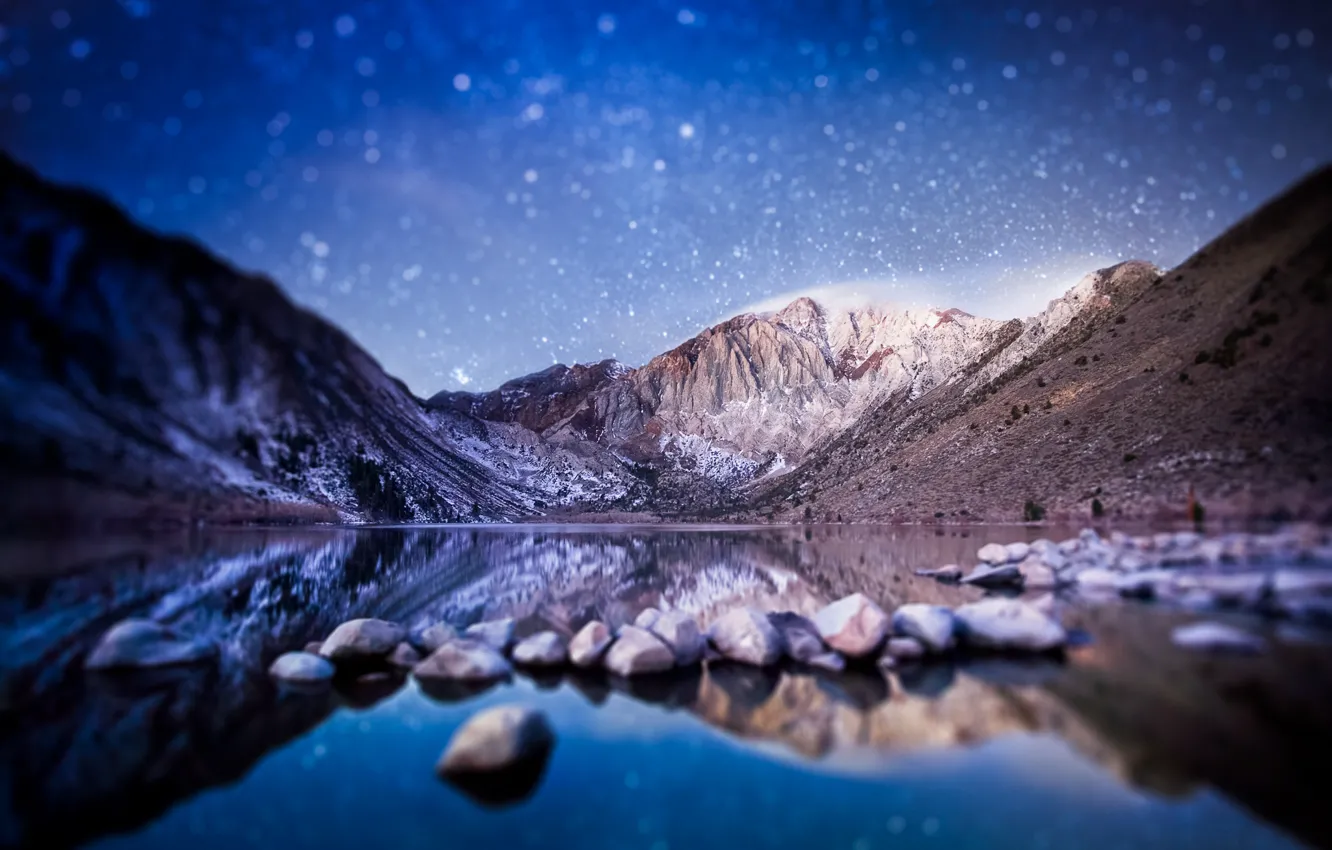 Фото обои горы, ночь, утро, USA, боке, тилт шифт, Convict Lake, Sierra Nevada in California