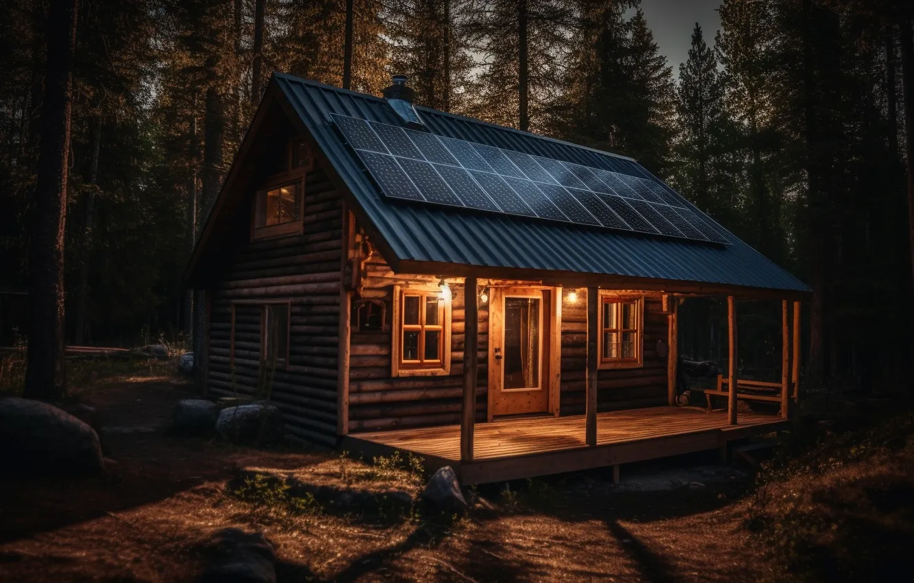 Фото обои лес, свет, деревья, пейзаж, ночь, природа, вид, дома