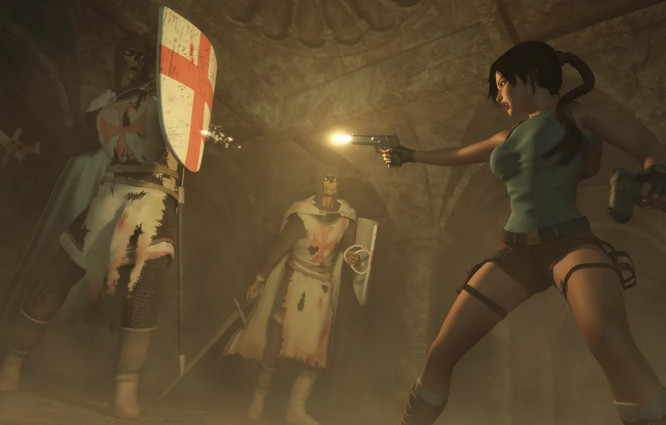 Фото обои пистолеты, меч, Tomb Raider, щит, крестоносцы, art, Lara Croft, fan