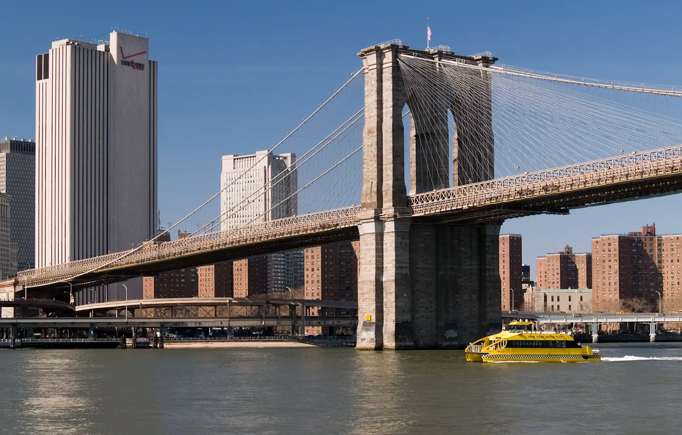 Фото обои Нью Йорк, sea, bridge, New York, Brooklyn Bridge, cutter