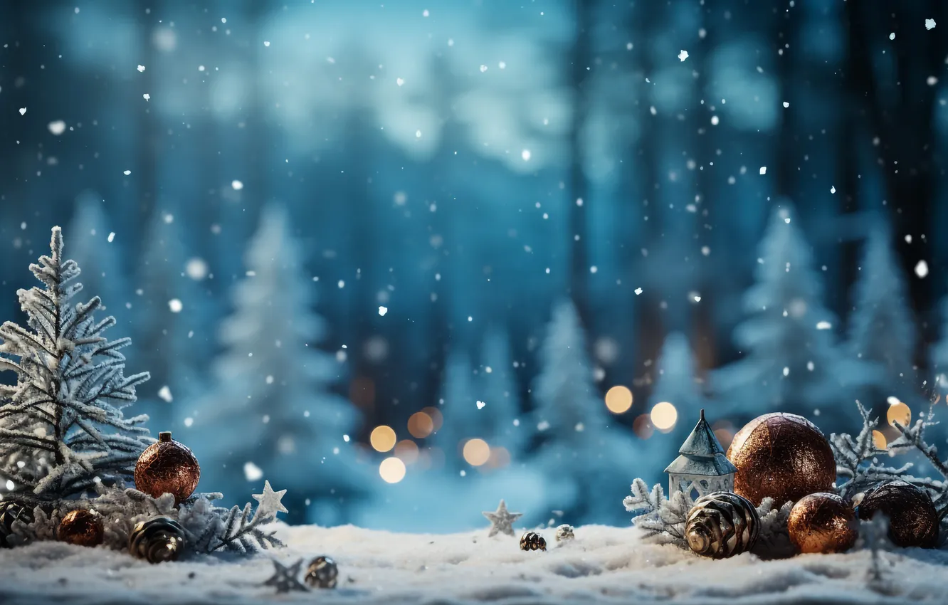 Фото обои снег, украшения, ночь, шары, Рождество, Новый год, Christmas, balls
