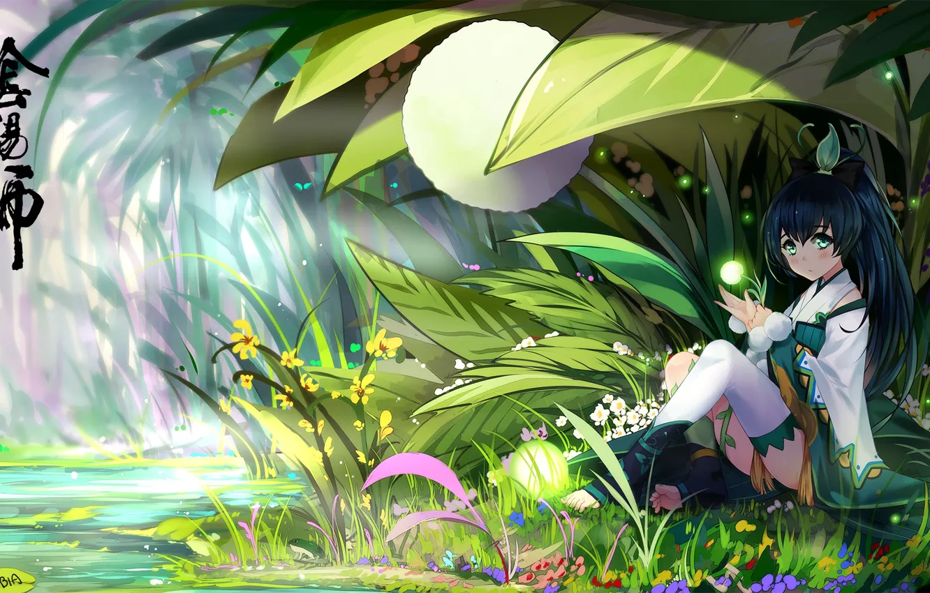 Фото обои трава, девушка, цветы, светлячки, аниме, арт, bba biao