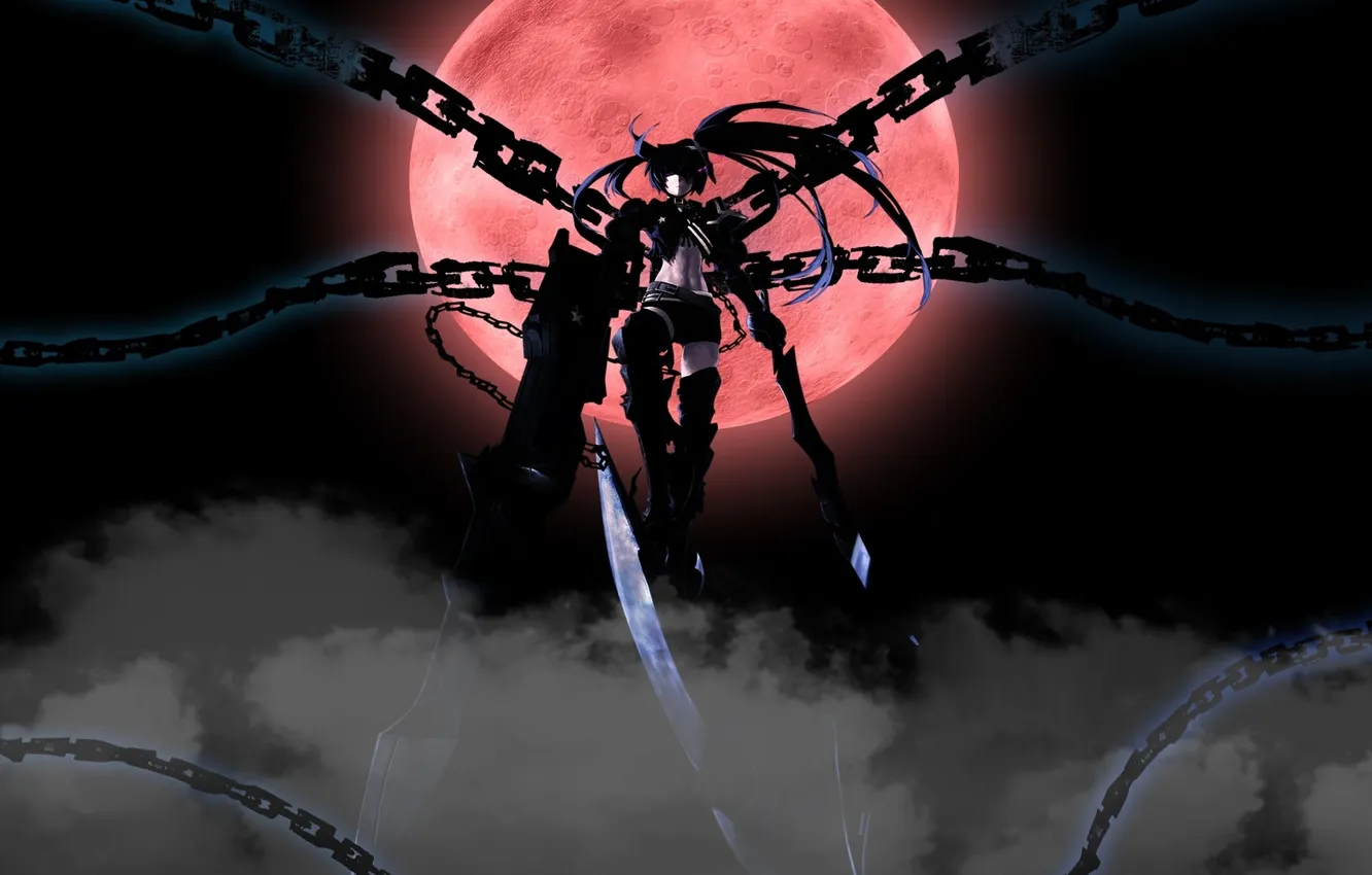 Фото обои девушка, оружие, луна, дым, меч, аниме, арт, цепь
