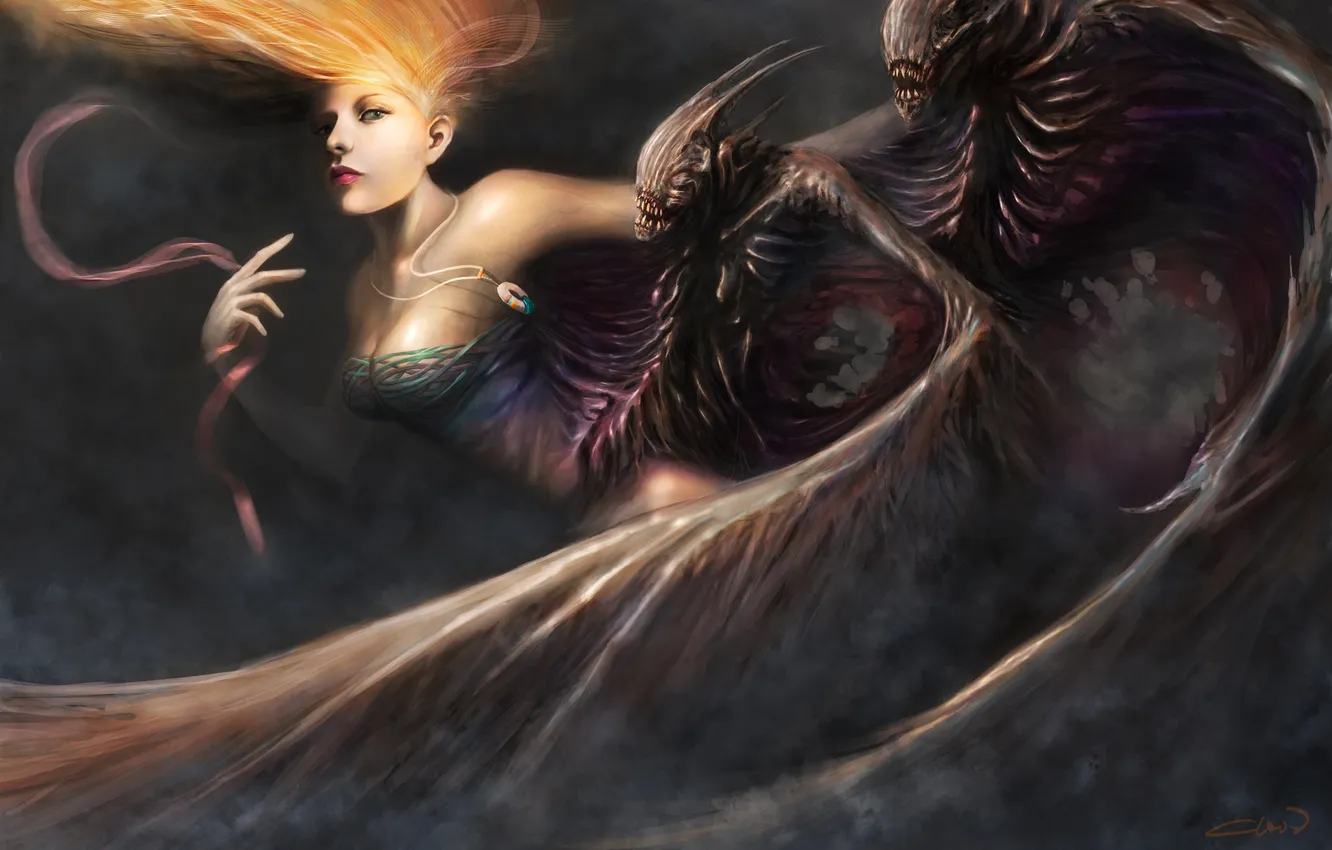 Фото обои девушка, фантастика, крылья, арт, демоны, by_cloudminedesign, dark harpy