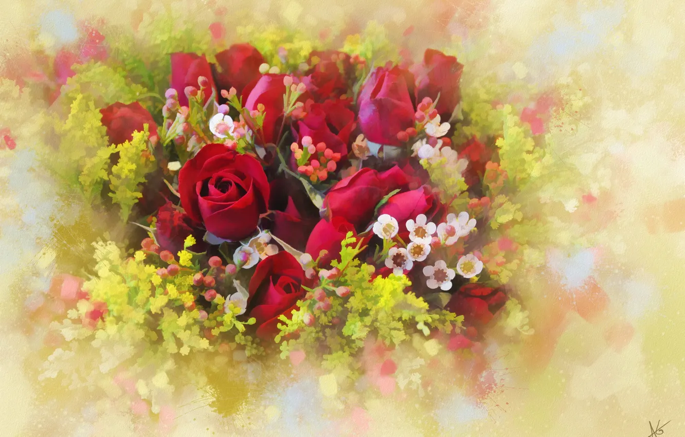 Фото обои цветы, розы, рисованные