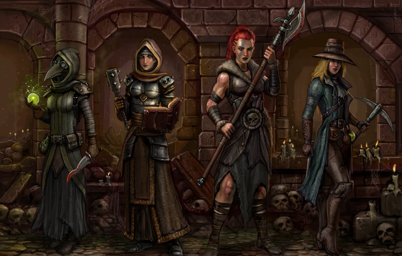 Фото обои фантастика, девушки, маска, кинжал, кирка, art, секира, darkest dungeon