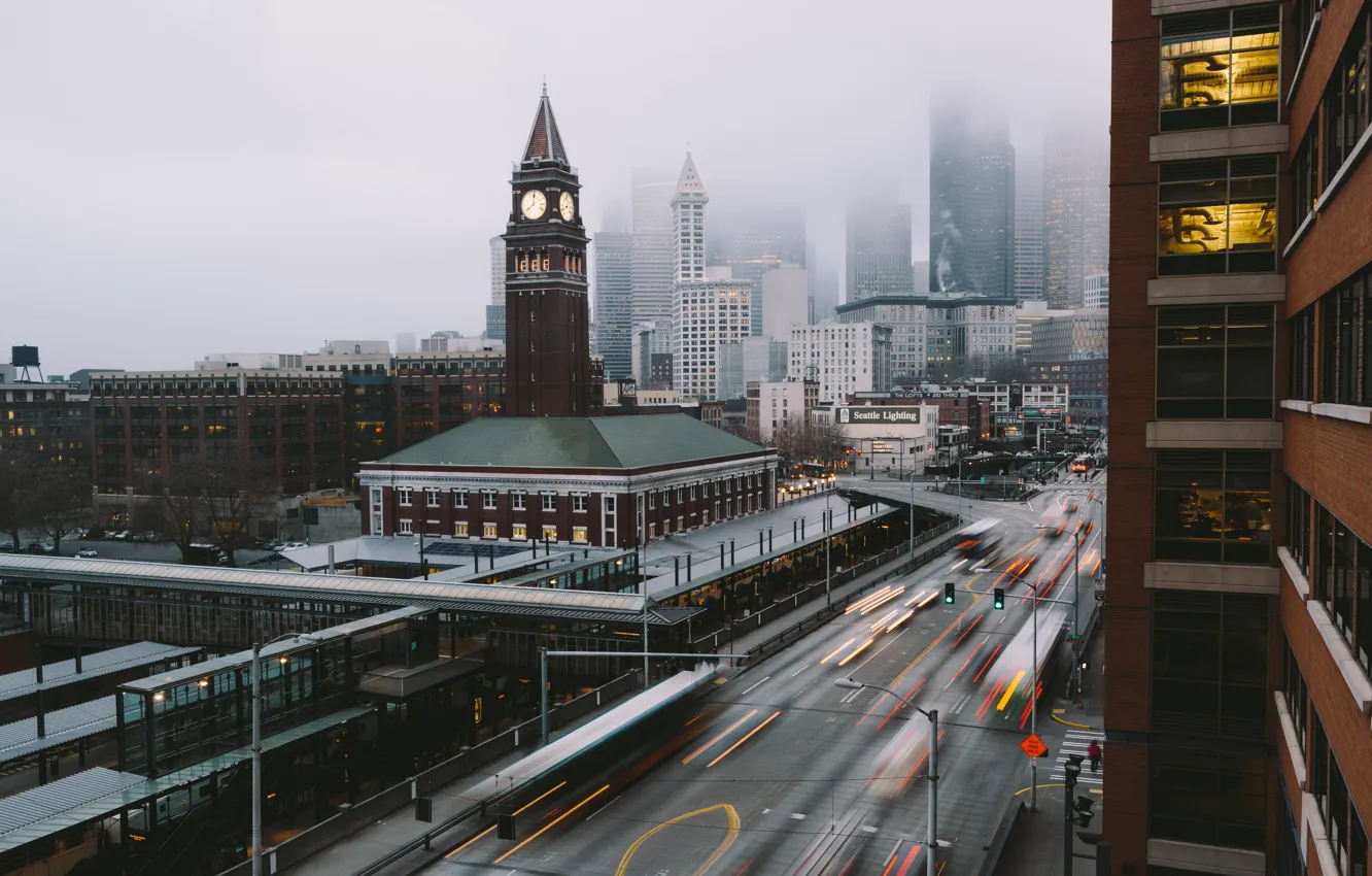 Фото обои USA, United States, morning, fog, blur, buildings, seattle, America