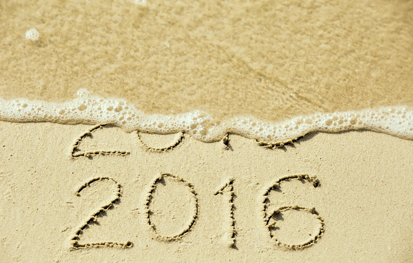 Фото обои песок, море, пляж, Новый Год, цифры, New Year, Happy, 2016