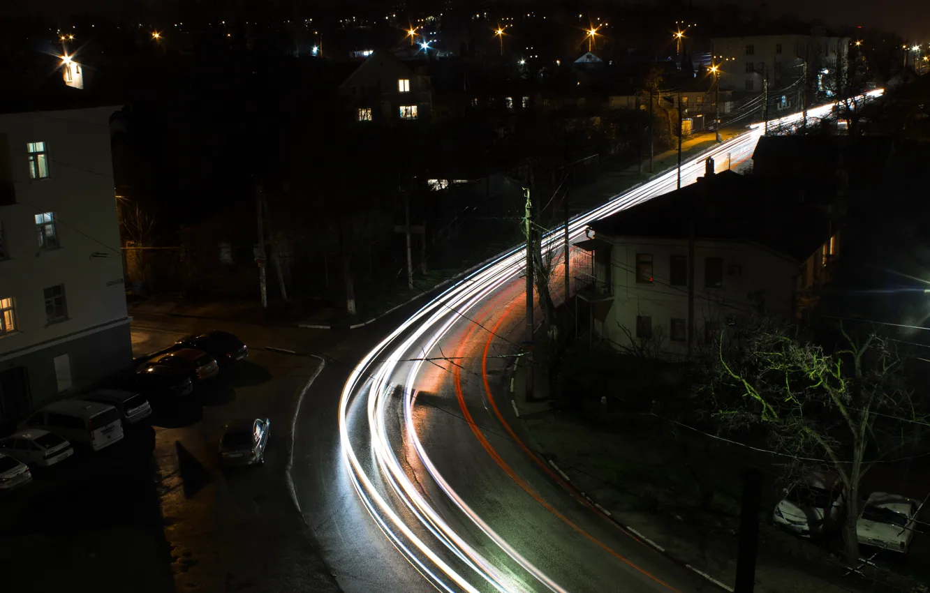 Фото обои city, lights, light, black, road, night, spotlight, traces