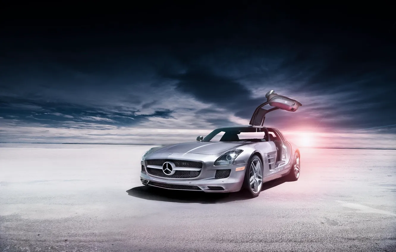 Фото обои пустыня, Mercedes-Benz, серебристый, AMG, SLS, мерседес бенц, silvery